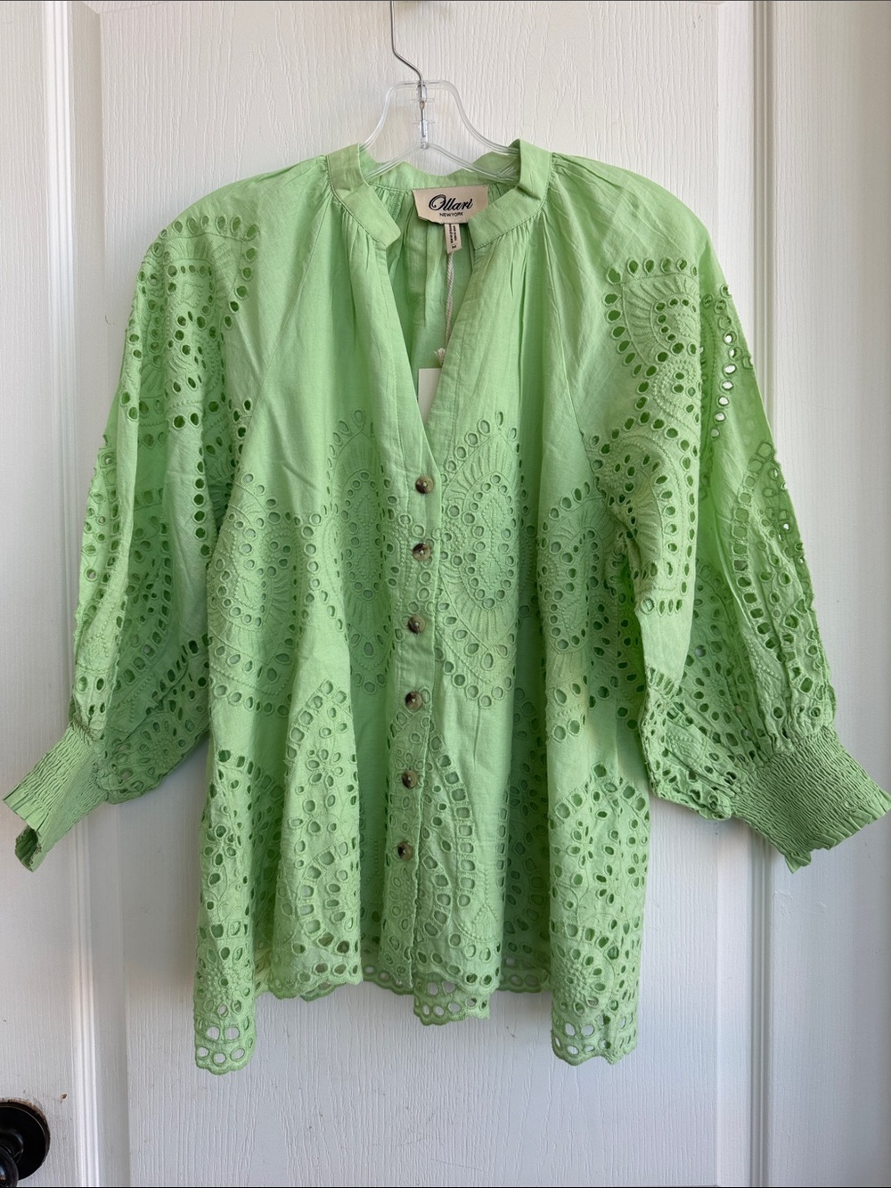 Ollari Green Eyelet Button-Front Women's Top